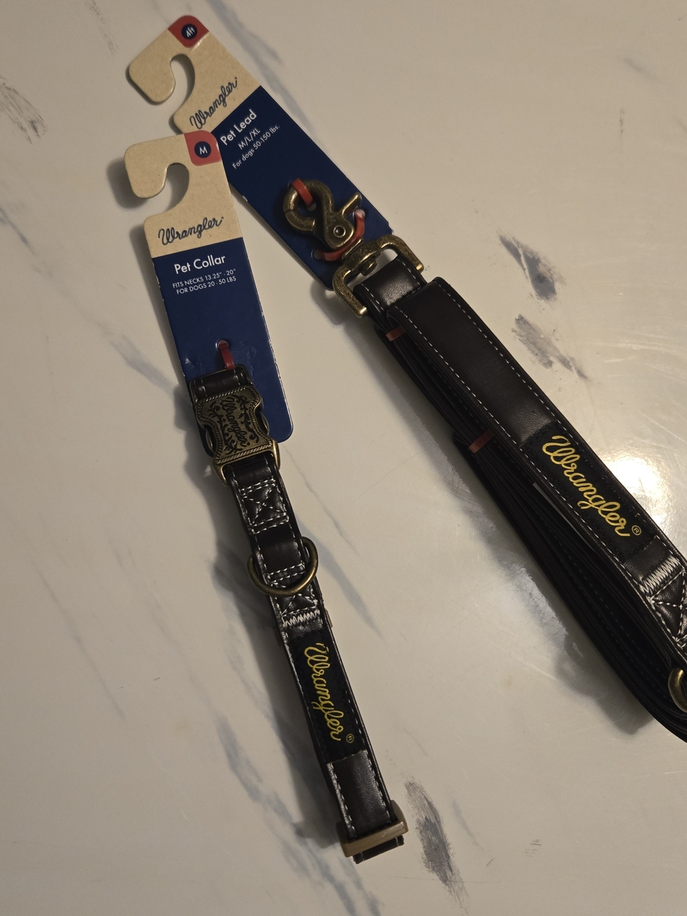 Wrangler Black Leather Dog Collar and Leash Set